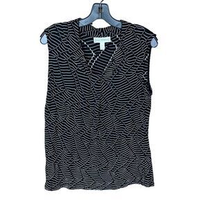 Dana Buchman Blouse V Neck Black White Textured Leaf Print Sleeveless Large